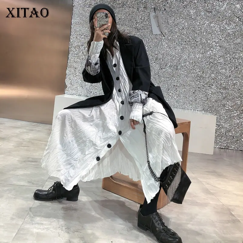 XITAO, плиссированное черное платье, женская мода, новинка, Осеннее, с одной грудью, винтажное, элегантное, маленькое, свежее, миноритарное, свободное платье DMY1086
