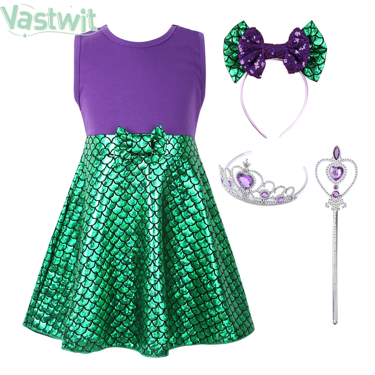 

Детский Костюм Русалки для девочек, блестящее платье с принтом рыбьей чешуи, обруч для волос с короной и волшебной палочкой, для косплея и ве...