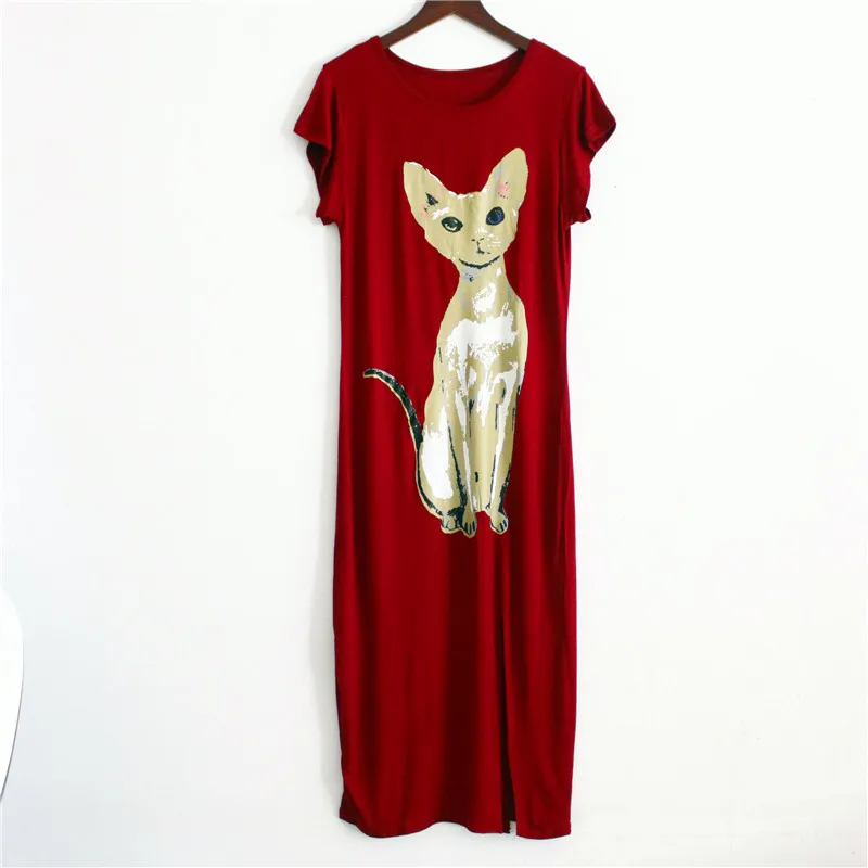 

Comfortable Soft Modal Summer Dress 2020 women casual robe femme cartoon cat split long dresses