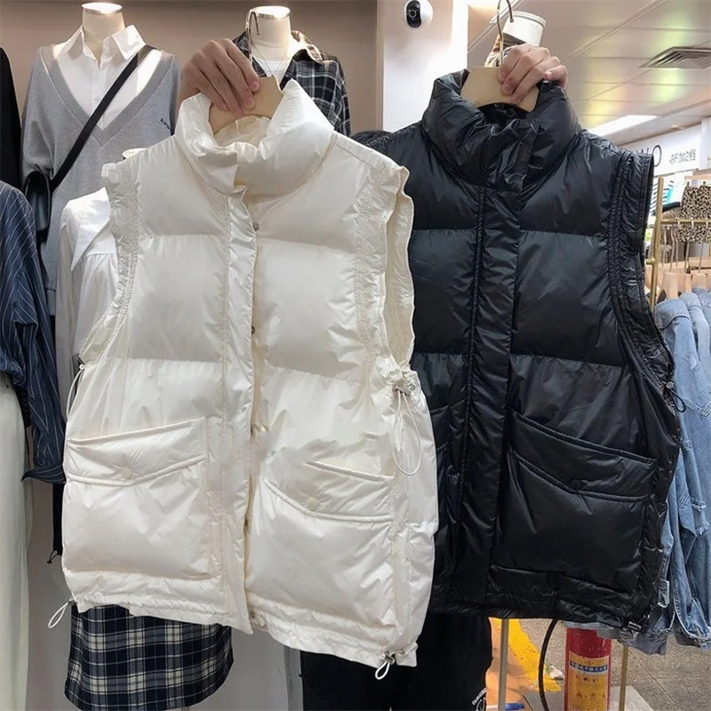 

2022 Autumn Winter Women Sleeveless Vest Cotton Padded Coats Plus Size Vests Stand Collar Black Lady Clothing Gilet Femme Y972