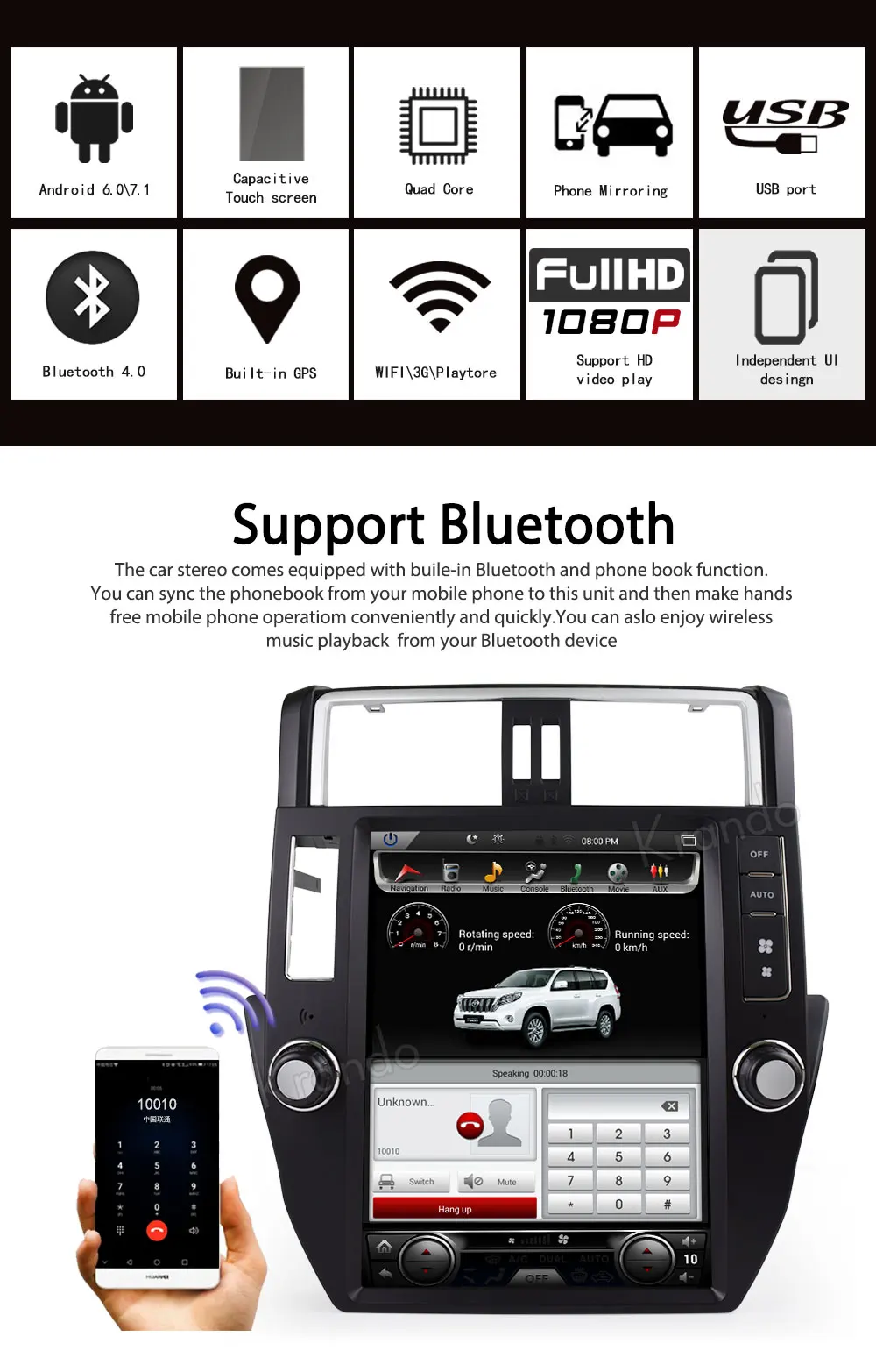 Krando Android 7,1 12," Тесла большой экран Автомобильный Радио плеер для Toyota Prado 2010-2013 gps навигация Мультимедиа с bluetooth