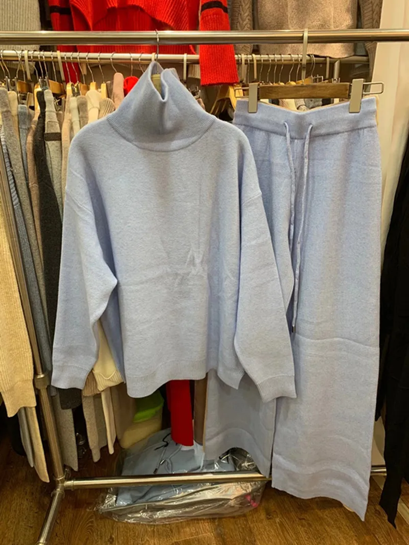 

Women Wool Special Offer 's Suit 2020 New Cashmere 2 - Piece Winter Thick Fashion High Neck Sweater And Wide Legs Pants Two