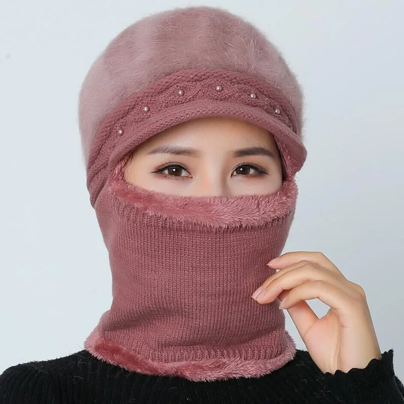 Высококачественные зимние шапки для женщин Skullies Beanie cap шляпки из шерсти набор теплая маска Gorras шапка из кроличьего меха Вязаная Шапка