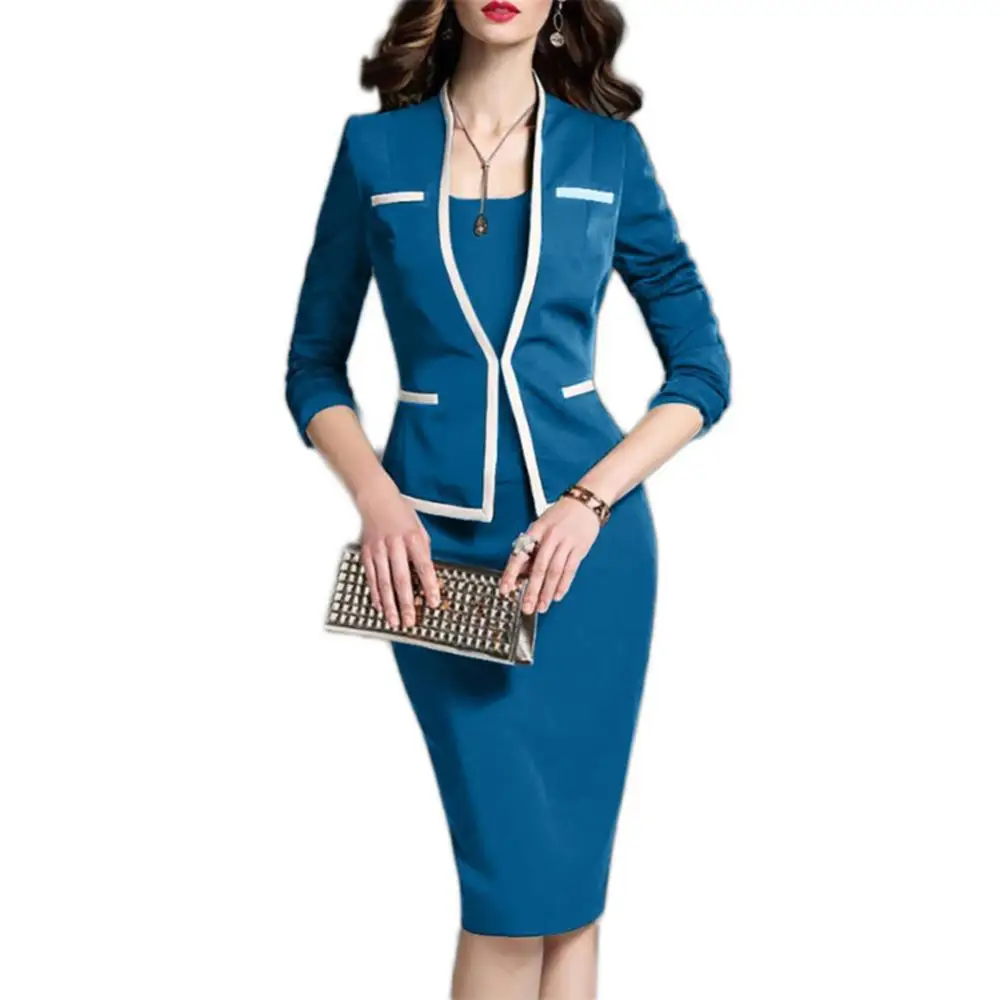 

70% Hot Sell Office Lady Stand Collar Long Sleeve Fake Two-piece Knee-length Bodycon Dress