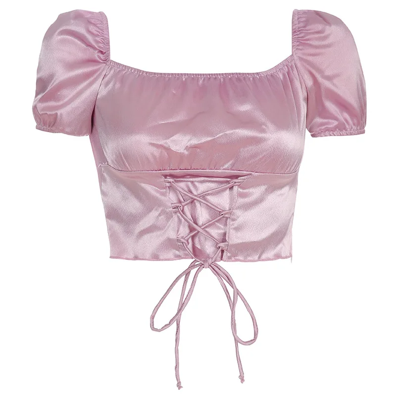 Женский укороченный топ с бантом Однотонная рубашка коротким рукавом и