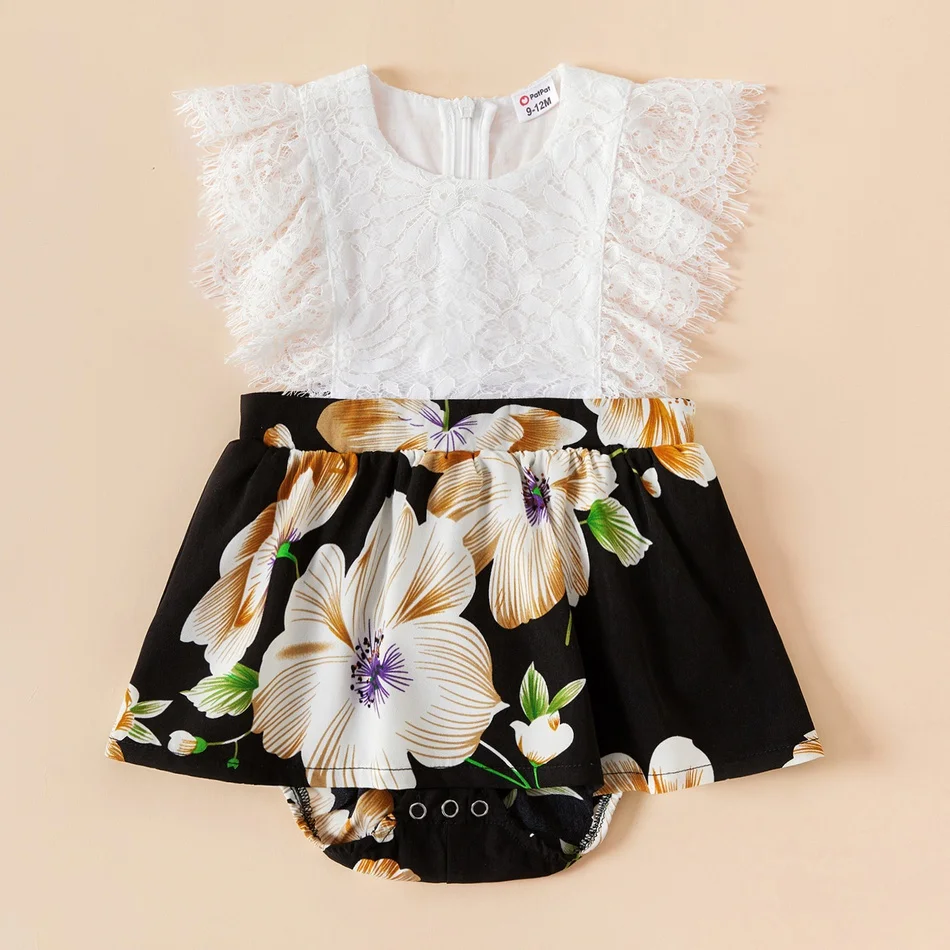 

PatPat New Arrival 2021 Summer and Spring Ruffle Shoulder Lace Stitching Floral Matching Dresses Family Look