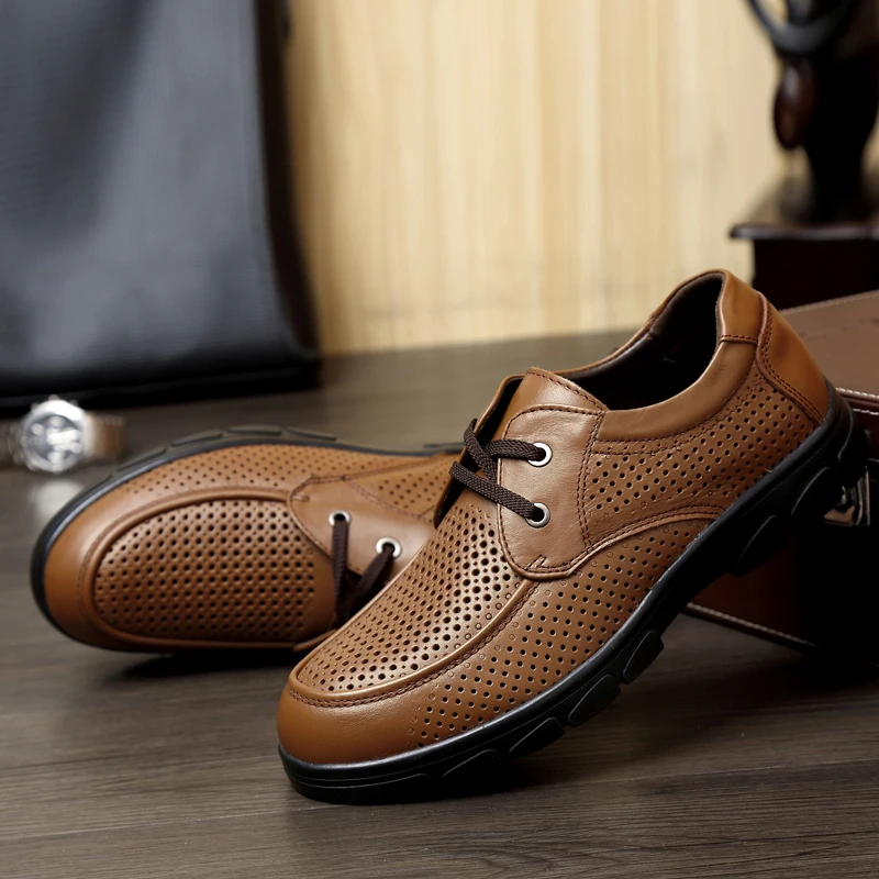 New 2021 Men Casual Shoes Genuine Leather Summer Breathable Holes Luxury Brand Business Flat for Dress Office Flats |