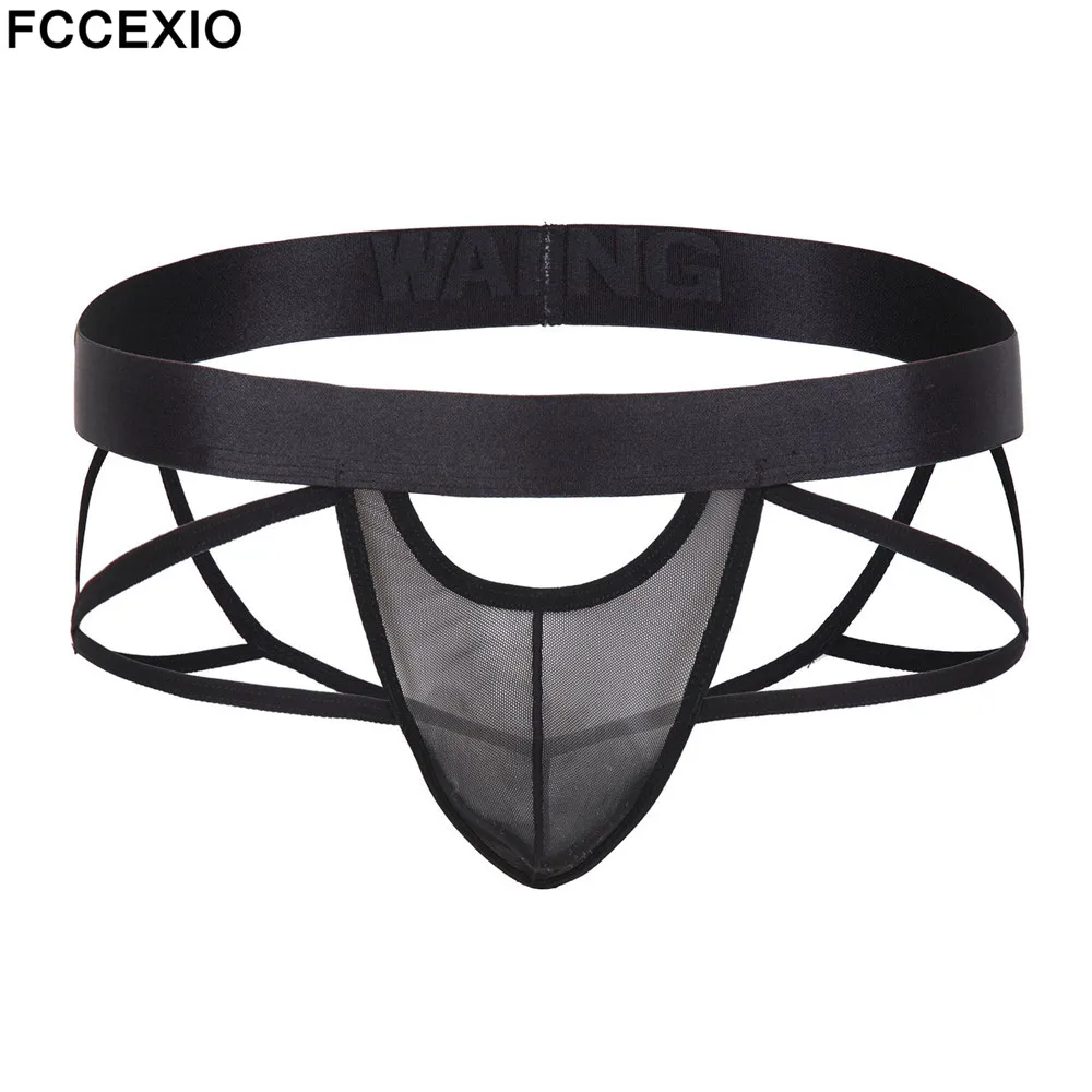 

FCCEXIO человек черный Искусственная кожа стринги сексуальные нижнее белье Для мужчин сетка прозрачный Бандаж Hommes скольжения гей эротические ...