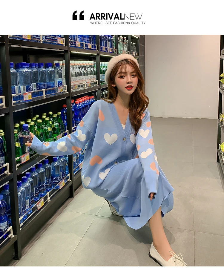 Autumn Winter Women Elegant Love Heart Knitted Cardigan Sweater+High Waist A-Line Skirt 2 Piece Set Loose Knitted Midi Dress Set