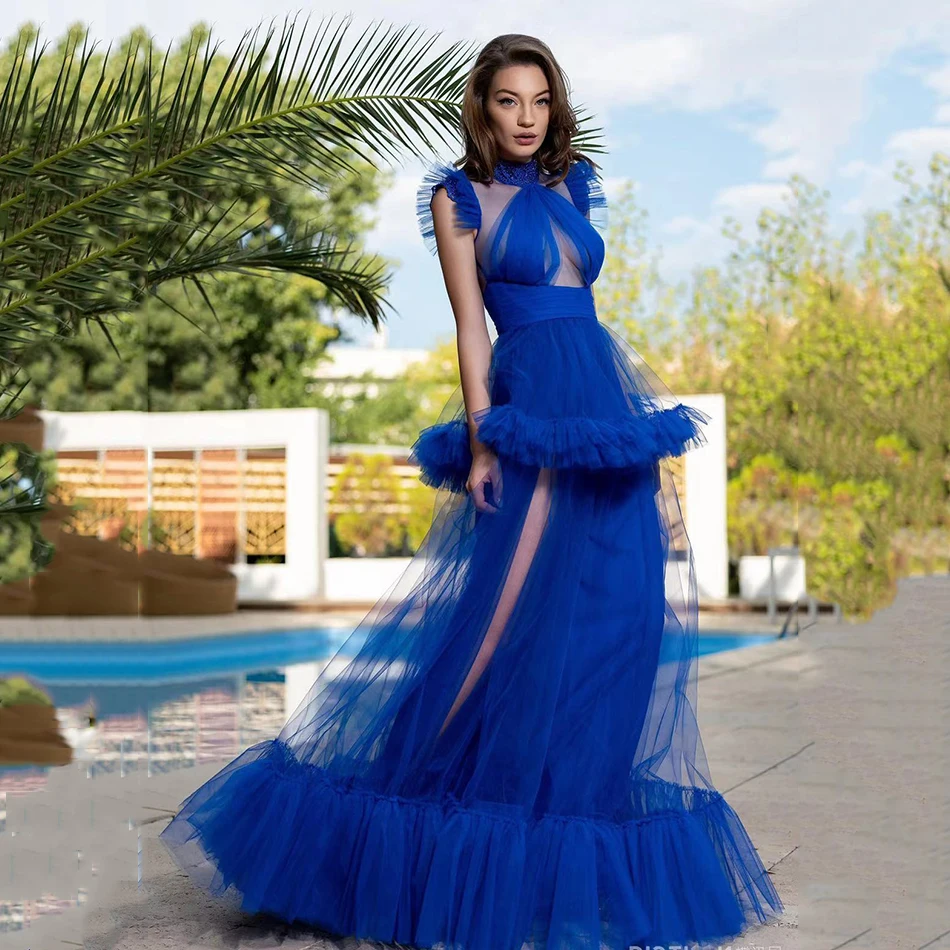 

2021 New Ladies High Quality Luxury Blue Layered Transparent Tulle Sexy Dress Ruffled Polar Celebrity Club Party Dress