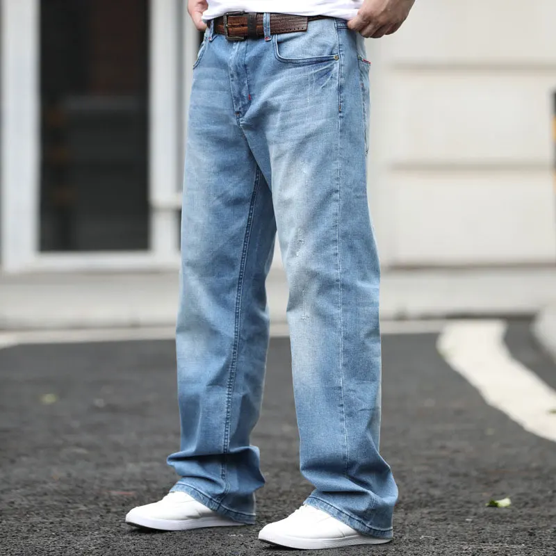 Fashion Elastic Men Jeans Straight Comfortable Loose Baggy Hip Hop Denim Pants Cotton Light Blue Wide Leg Trouser  Large Size 44
