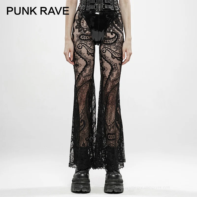 Женские черные кружевные прозрачные брюки в стиле панк эластичные винтажные с