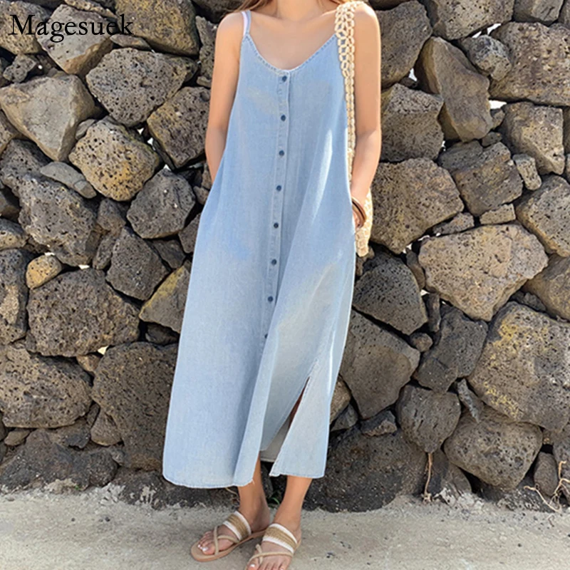 

Sexy Party Button Sling Denim Dress Women 2021 Backless Split Loose Summer Dresses Woman Solid Cotton Long Dress Vestidos 14077