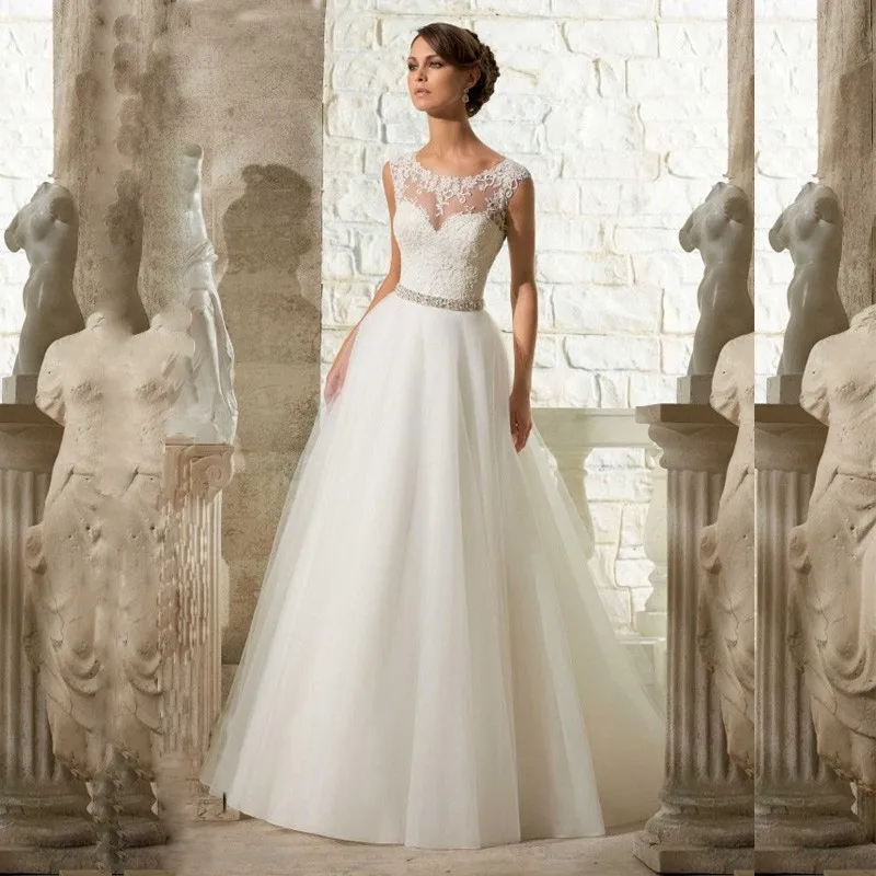 

Vestidos de casamento Latest Hot Sale Scoop Neck A-line Lace Weddings dress illusion Back Appliques Beaded Bridal Gowns cheap