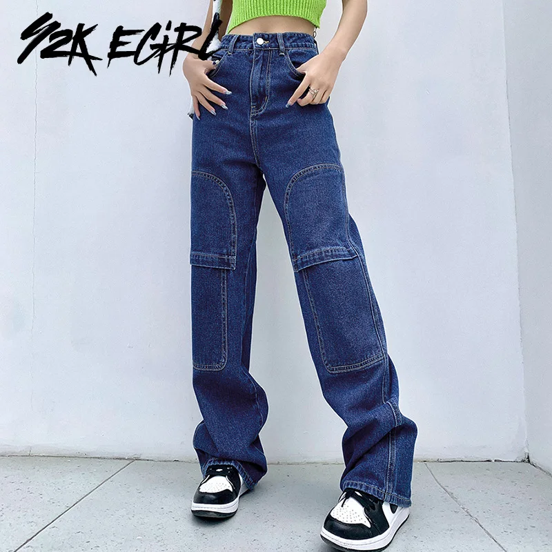 

Y2K EGIRL Indie Fashion Low Rise Baggy Jeans 90s Streetwear Blue Denim Wide-Leg Trousers with Big Pockets Y2K Vintage Pants 2021