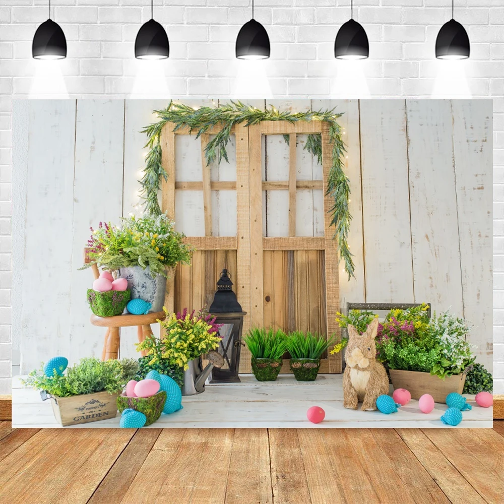 

Happy Easter Room Baby Portrait Rabbit Eggs Door Wood Board Photography Backdrop Photographic Background For Photo Studio Shoot