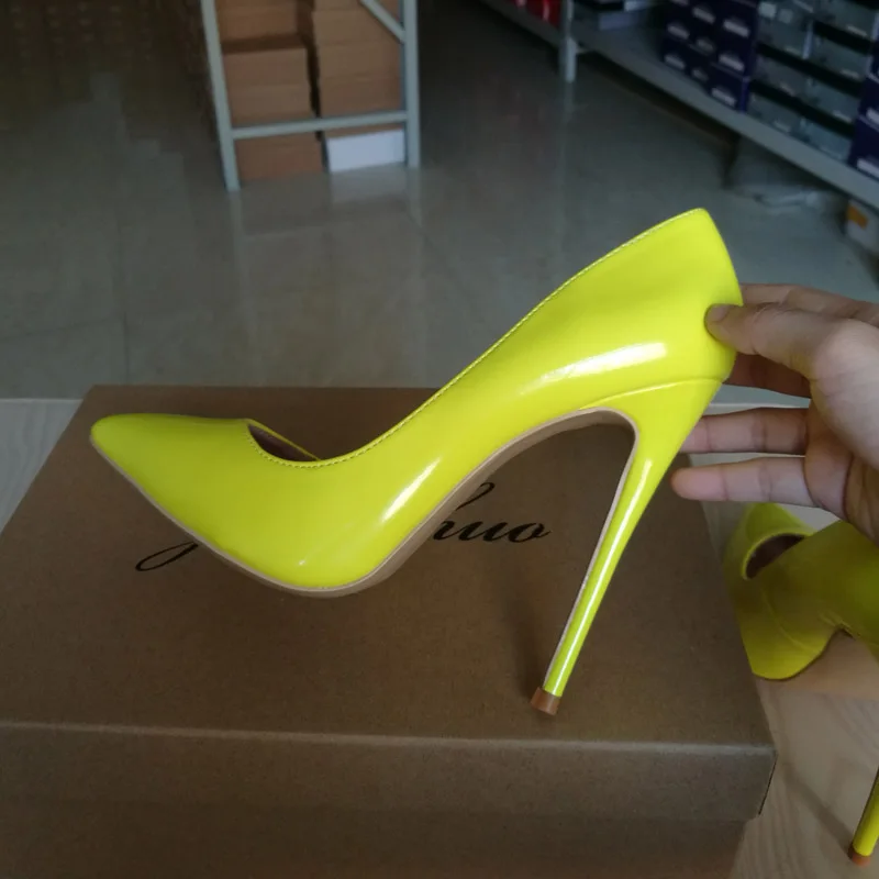 GENSHUO/туфли женские Флуоресцентный желтый туфли на каблуке для вечеринок с острым