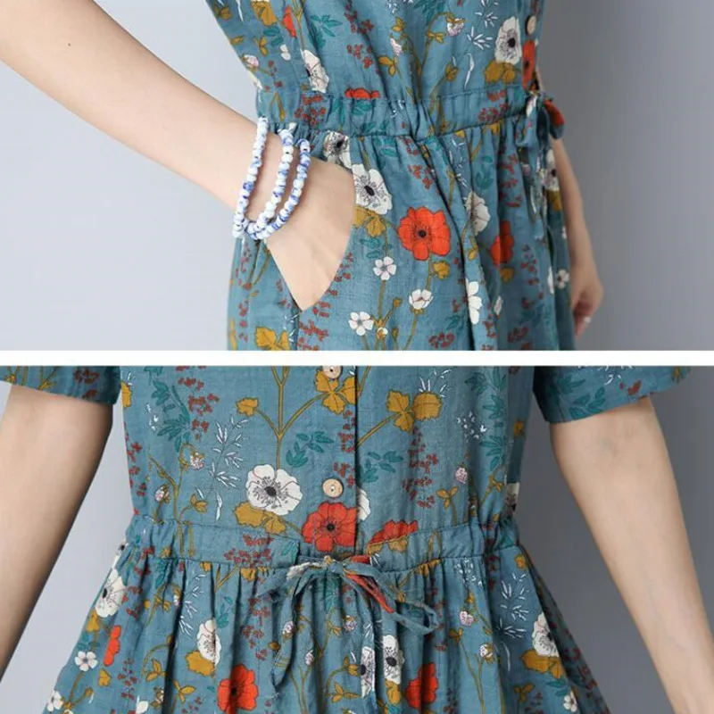 Летнее Плиссированное Платье #0305 из хлопка и льна с цветочным принтом для женщин