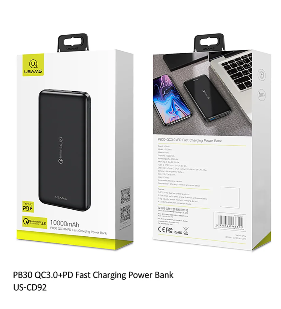 Quick charge power Bank, USAMS 10000 мАч PD Быстрая зарядка power Bank QC 3,0 power Bank type C USB зарядное устройство для iPhone Xiaomi 9 samsung