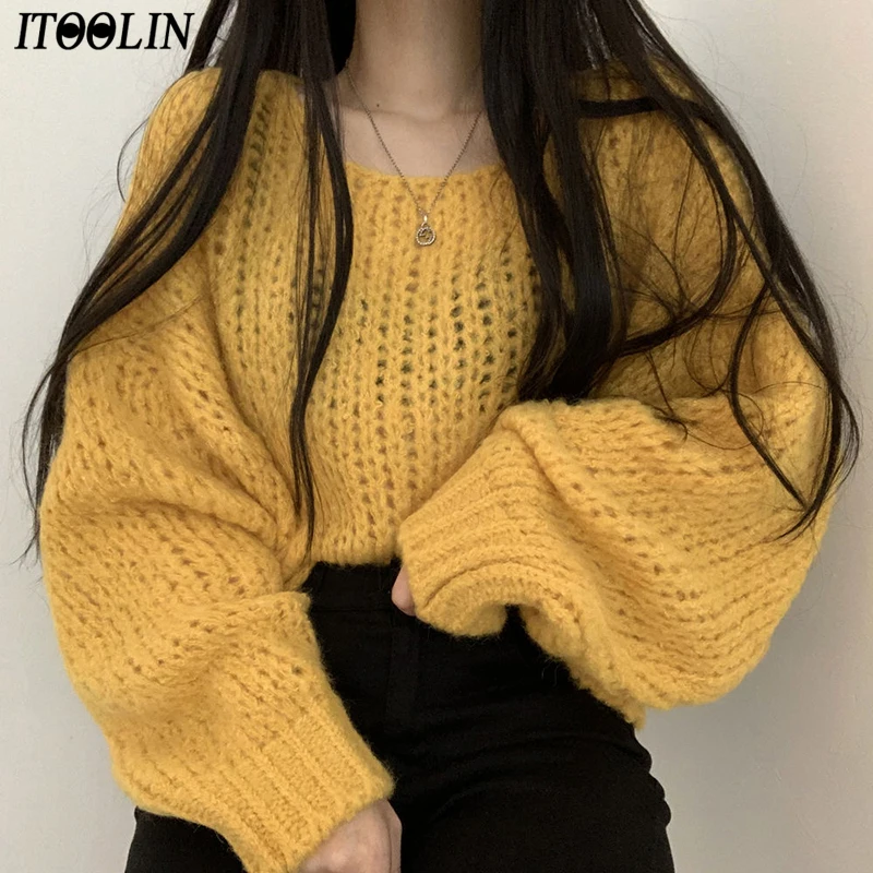 

ITOOLIN Loose Female Pullovers Solid Jumper Knitted Casual Women Sweater Lantern Sleeve Hollow Out Pullover Solid Basic Knitwear