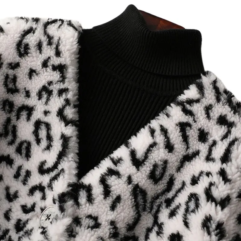 Abrigo de piel de lana para mujer, abrigo de piel de oveja corto a la moda, abrigos holgados de manga de murciélago, abrigo corto de leopardo para mujer 2021