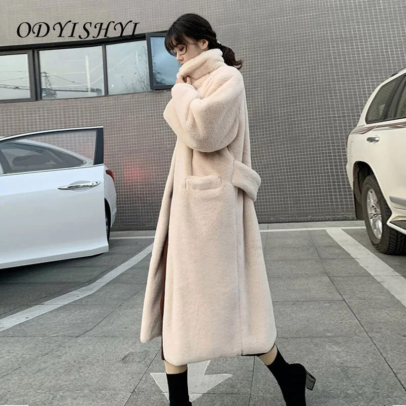 

2021Plus Size Loose Warm Outwear Luxury Faux Fur Coats Long Women Parka Fashion Winter Thick Imitation Mink Jacket Female Belt