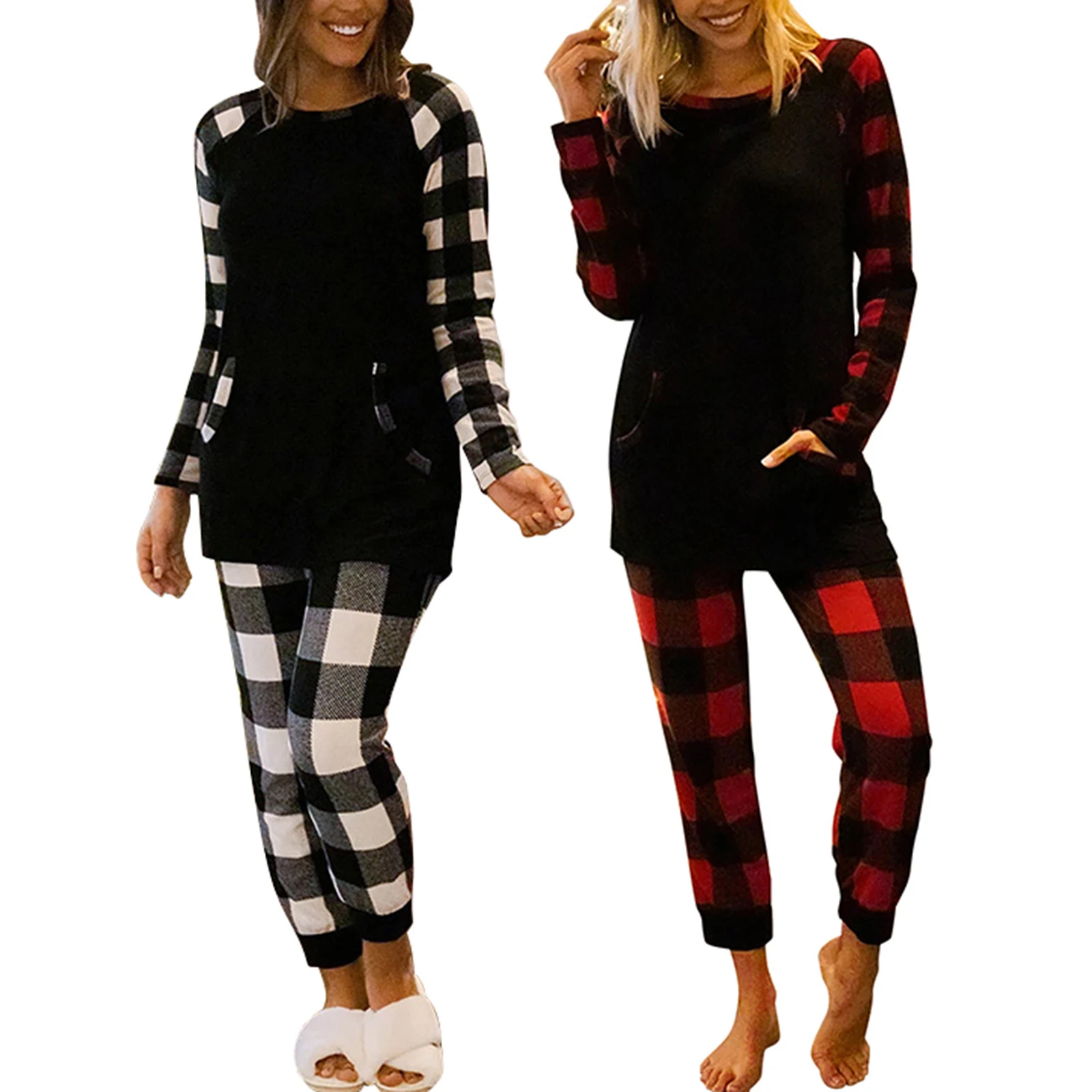 

Women Two-piece Pajamas Set, Plaid Printed Pattern Long Sleeve Round Collar Tops and Pants