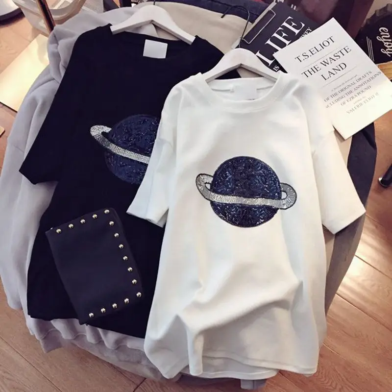 

2020 New Summer Short Sleeve Female Tshirts All-match Loose Large Size Medium-long Casual Cartoon Students Tees Multi 24 Colors