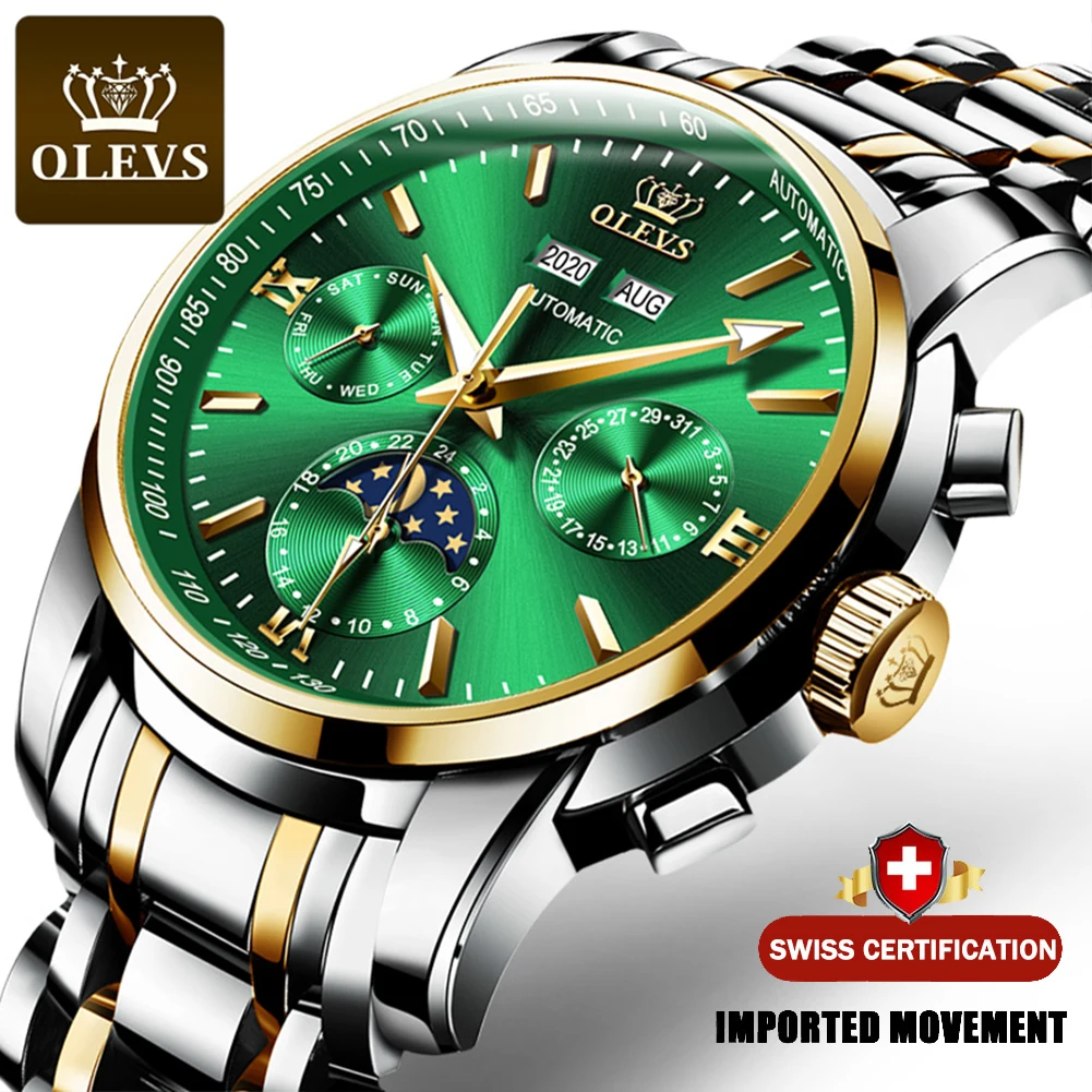 OLEVS Men Mechanical Watch Luxury Automatic Moonphase Stainless Steel Waterproof Business Sport Wristwatch Men relogio masculino