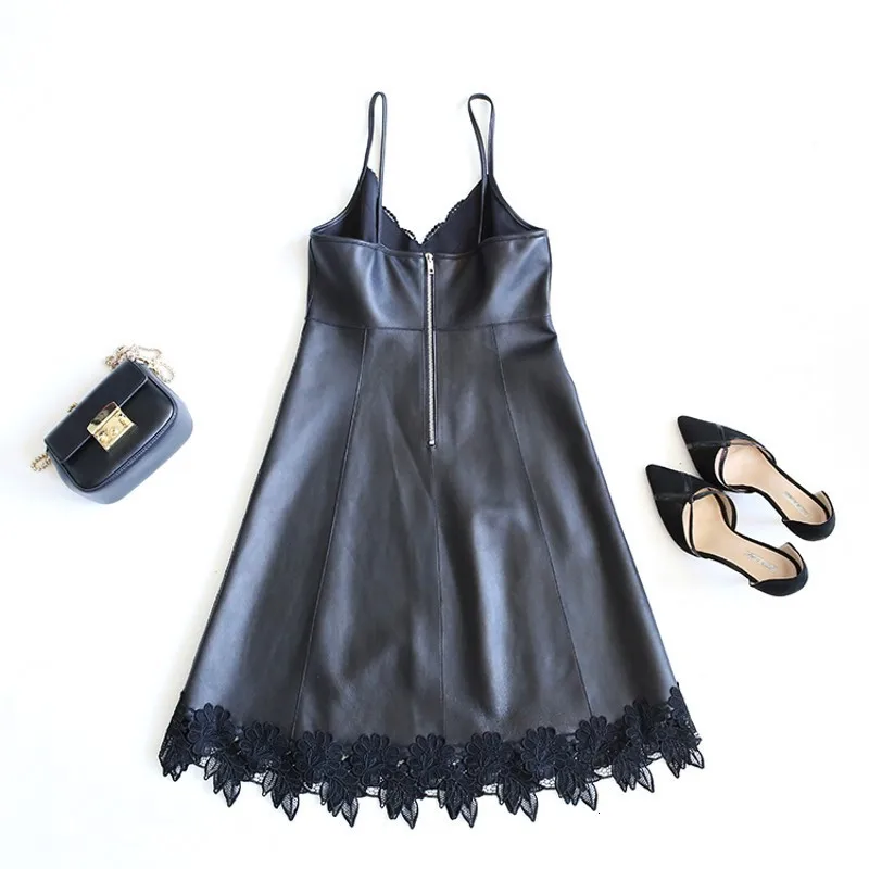 

Women Spring New Sweet Lace Strap Dress Black Genuine Leather V Neck Party Ladies Vestidos High Waist Casual Knee Length Dresses