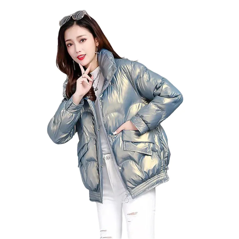 

Зимняя короткая Глянцевая пуховая парка для женщин, корейское водонепроницаемое пальто, женское свободное плотное теплое зимнее пальто, же...