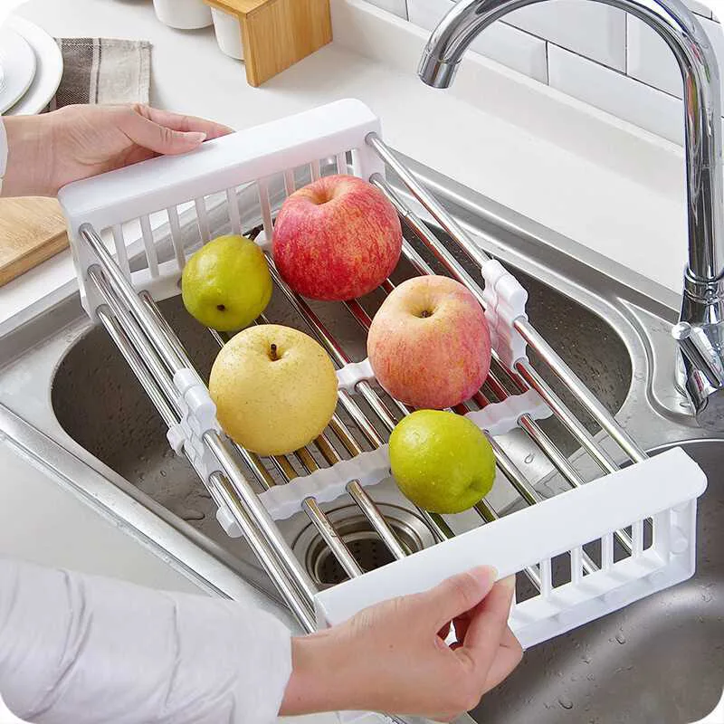 

Kitchen Retractable Sink Water Filter Rack Drain Basket Stainless Steel Sink Dish Drainer Counter