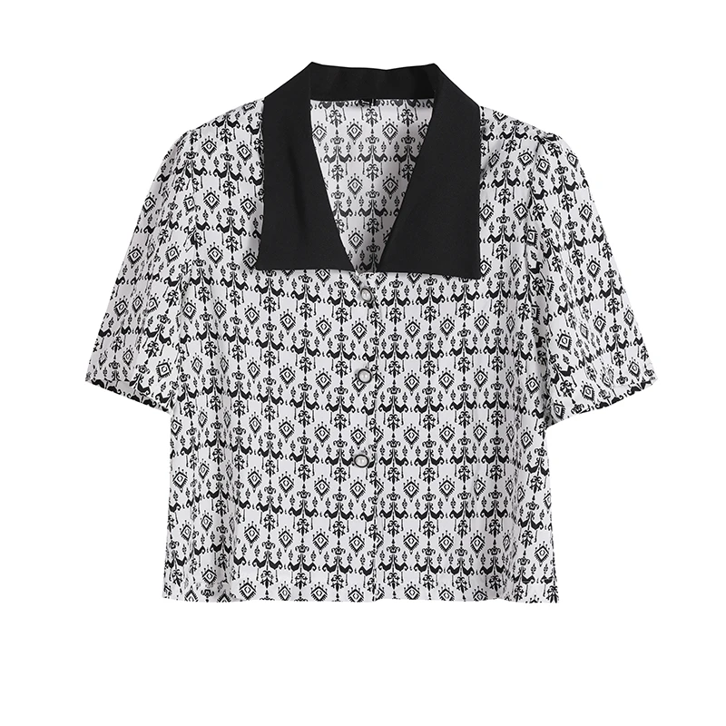 

Korejepo Women Shirt 2021 Summer Ladies French Elegant Vintage Hong Kong Style V-Neck Chic Printed Puff Short Sleeved Blouses