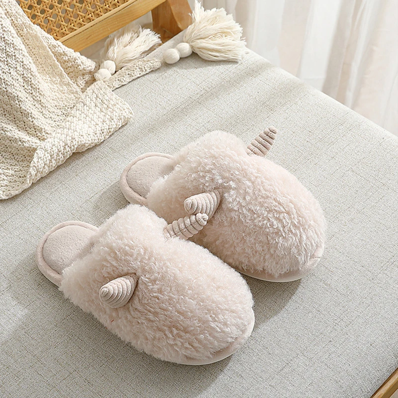 

Women's and Men's Horn Plush Slippers Women's Cartoon Home Warm Flat Cotton Slippers Warm Soft and Fluffy Pregnant Couple Plush