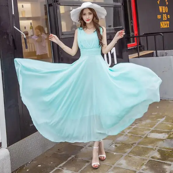 Летние макси платья модное без рукавов Белый Зеленый Желтый Boho богемное пляжное