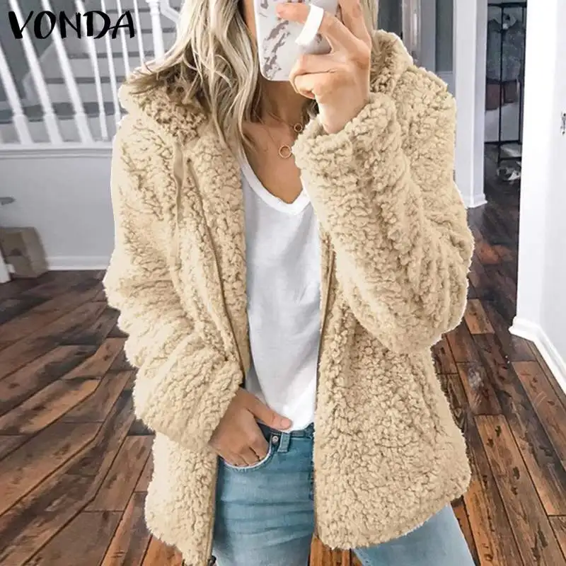 VONDA/женские пальто из искусственного меха, куртки, Осень-зима, пальто с капюшоном,, на молнии, с длинным рукавом, утепленный флисовый кардиган, пальто, большие размеры