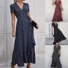 Vestido largo de fiesta para mujer, ropa de calle con cuello de pico, estilo bohemio, a la moda (2)