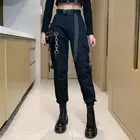 Осень 2019 женские брюки-карго с вышивкой панелями карманы брюки цепь черного металла пэчворк с высокой талией брюки 2 шт. + ремень