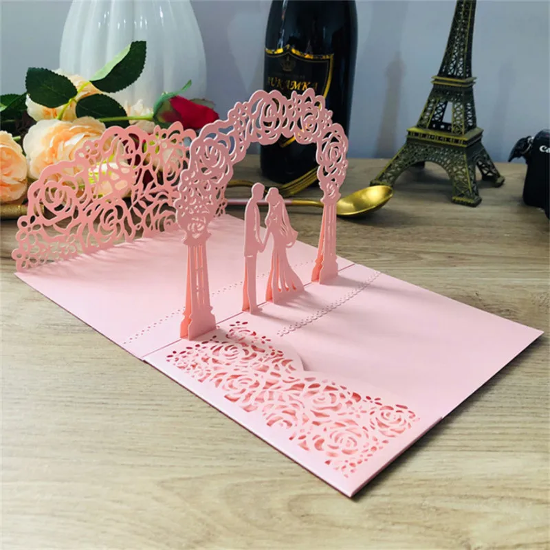 Фото Розовые свадебные пригласительные открытки 3D Дизайн День Святого Валентина Любовь Открытка персонализированная печать много цветов №2