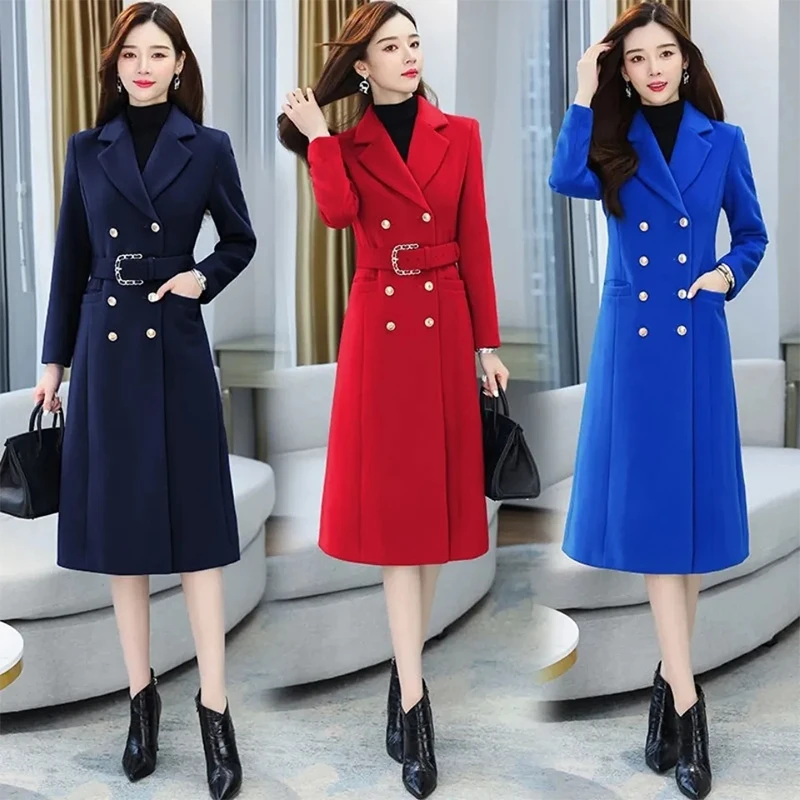 Фото Зимнее плотное новое длинное шерстяное пальто женское приталенное красное синее