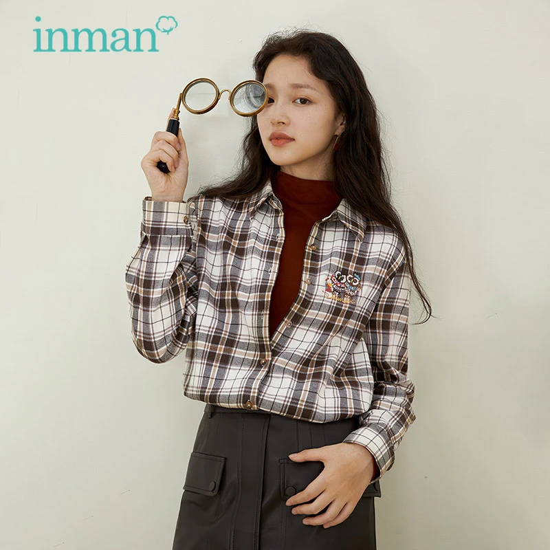 

Женская клетчатая рубашка INMAN, Осень-зима, Ретро стиль, классический стиль, Острый Воротник, забавная вышивка, длинный рукав, повседневные бл...