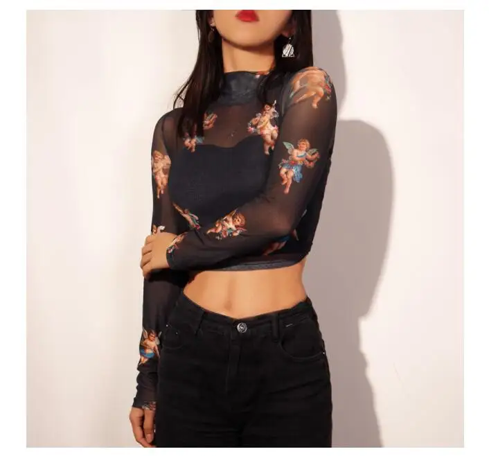 Сексуальные марлевые женские с длинным рукавом прозрачные сетчатые принтом