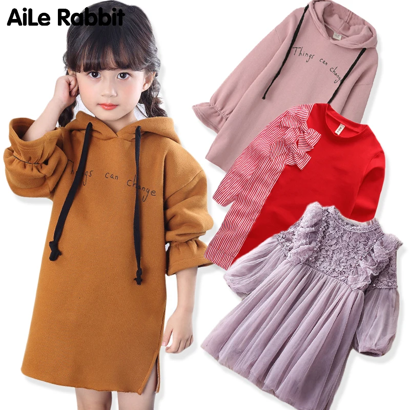 Girls Dress 2019 Winter Long Sleeve Hoodie Thicker Warm Letter Dresses For Large Children's Clothing Kids Clothes | Детская одежда