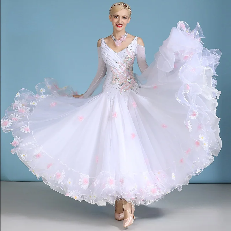 

Ballroom Dance Competition Dresses Modern Flamenco National Standard Suit White Rhinestone Dance Dress Performance Skirt