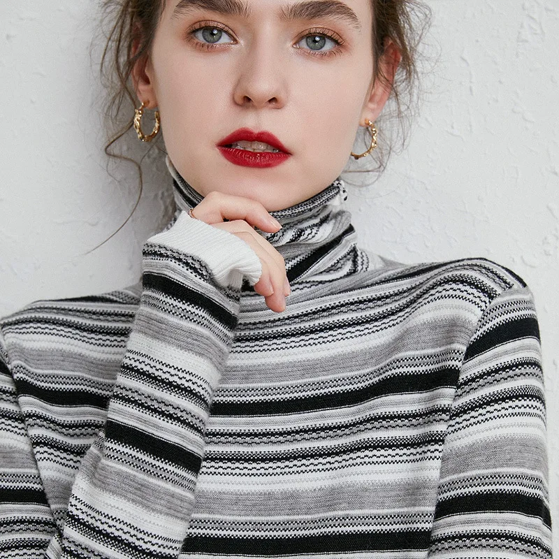 

Spring/autumn Mixed Knitted T-shirt High Collar Fashion Personality Bottoming Shirt Pullover Slim Warm Joker Commuter Lady Tops