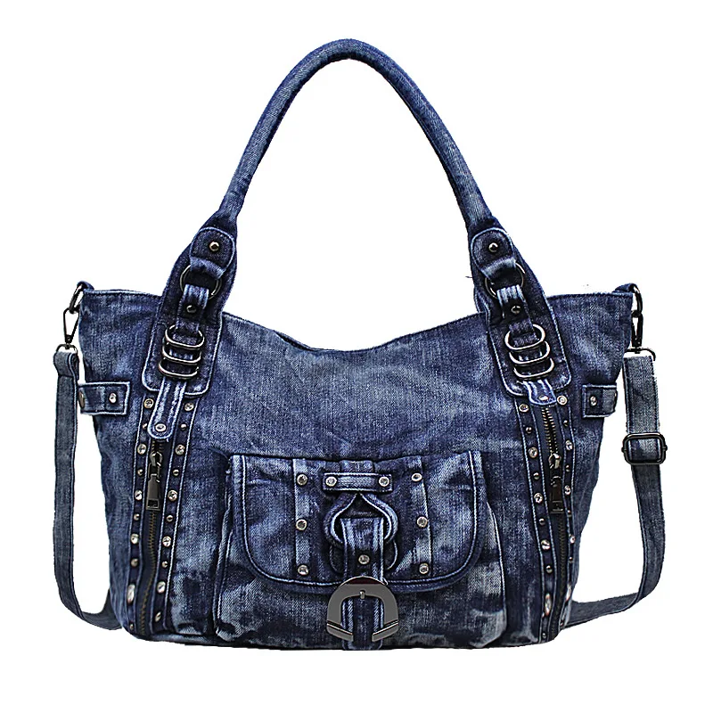 

Hot Sale Womens Denim Bag Shoulder Bags Handbag Messenger Travel Denim Jeans Rivet Rhinestones Bag Large Capacity Cowboy New
