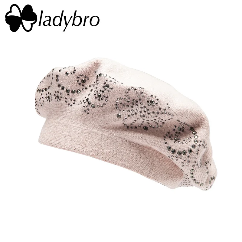 23505 Apricot Ladybro, двухслойная, стразы, шерстяная шапка, женская, осень, зима, шапка, теплый берет, женская вязаная шапка, кепка boina, женский берет, шапка - Цвет: 23505 Apricot