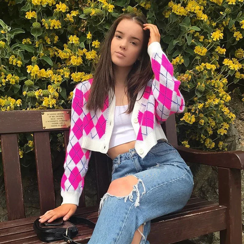 Женский укороченный Кардиган с длинным рукавом розовый вязаный клетчатый