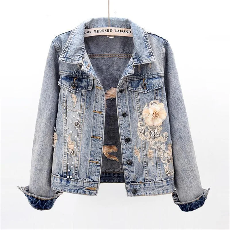 Spring Autumn Women’s Denim Jacket Long Sleeve Overcoat Loose Three-dimensional Button Pearls Outwear Ripped Jeans Jackets