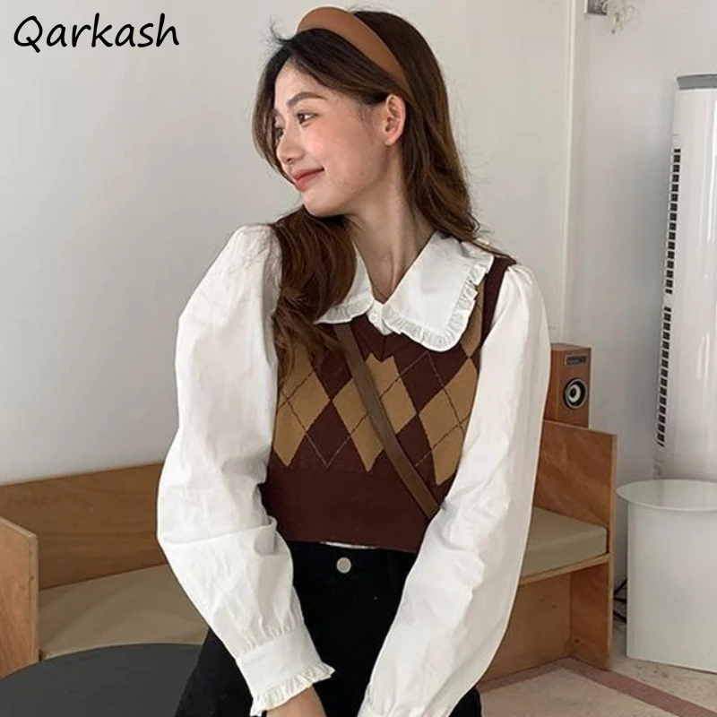 

Fashion Knitted Sweater Vest Women Cropped Argyle V-neck Sleeveless Tops Autumn Retro Females Ulzzang Chic Ins All-match Sweet